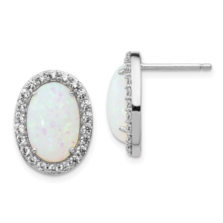 Sterling Silver Cheryl M Rhod-plated CZ & Cr. Opal Oval Post Earrings