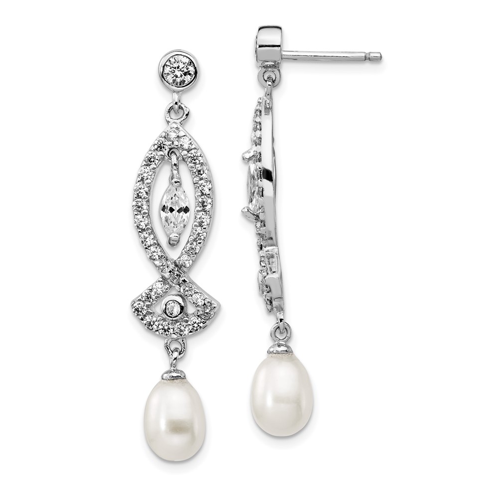 Sterling Silver Cheryl M Rhod-pl CZ & FWC Pearl Post Dangle Earrings