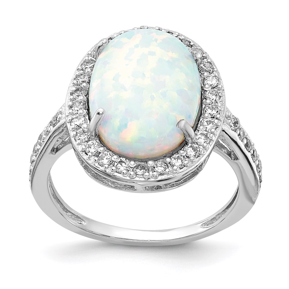 Sterling Silver Cheryl M Rhodium-plated CZ & Created Opal Oval Ring