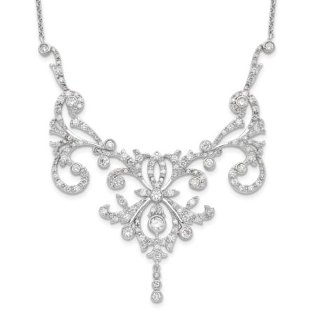 Sterling Silver Cheryl M Rhod-pltd CZ Fancy Scroll w/ 2in ext Necklace
