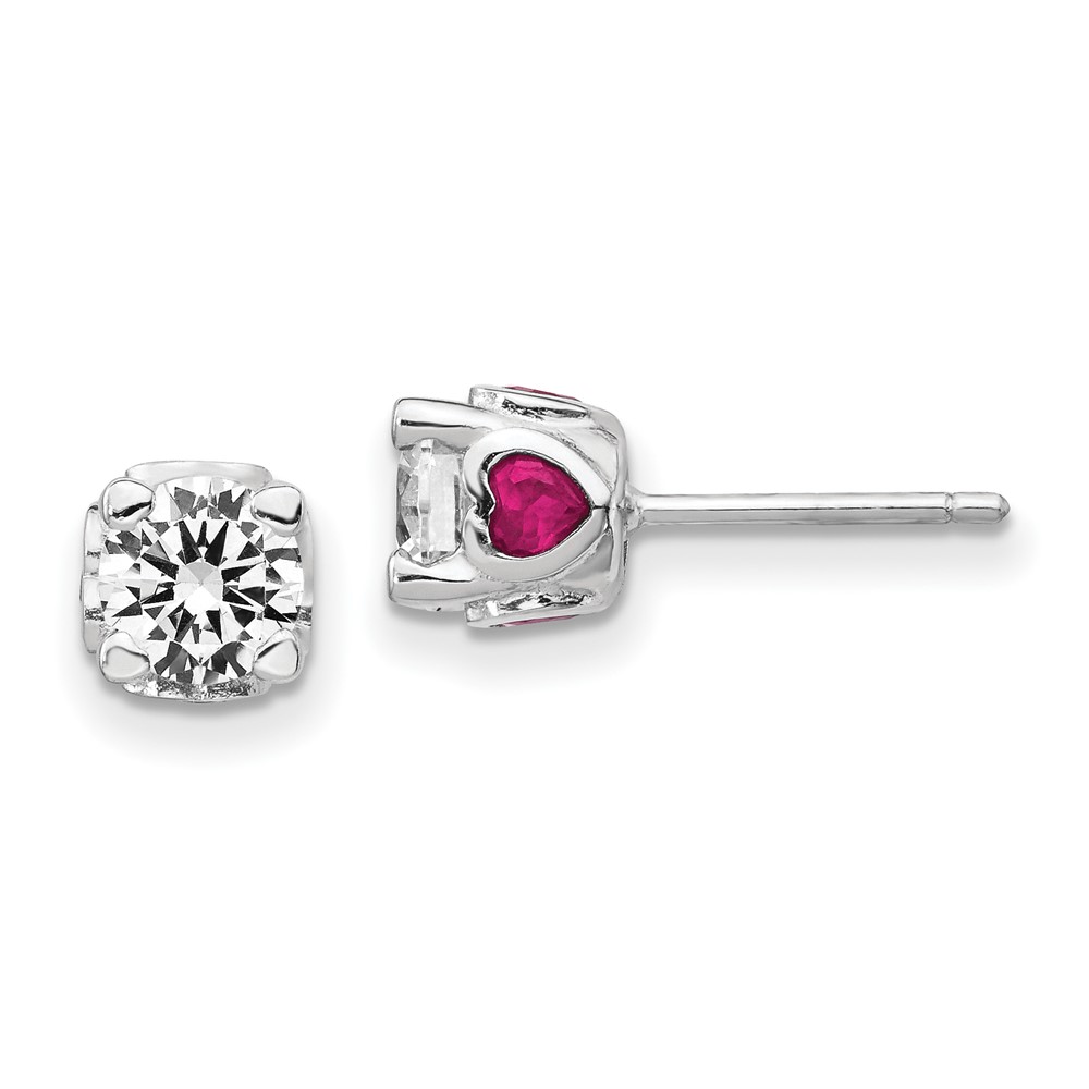 Sterling Silver Cheryl M Rhod-pl Cr. Ruby & CZ Heart Side Stud Earrings