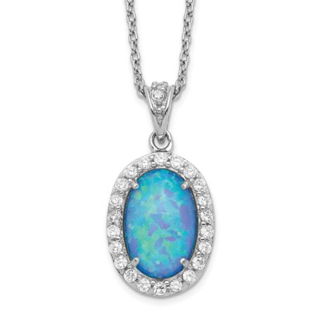 Sterling Silver Cheryl M Rhod-plated CZ & Cr. Blue Opal Oval Necklace