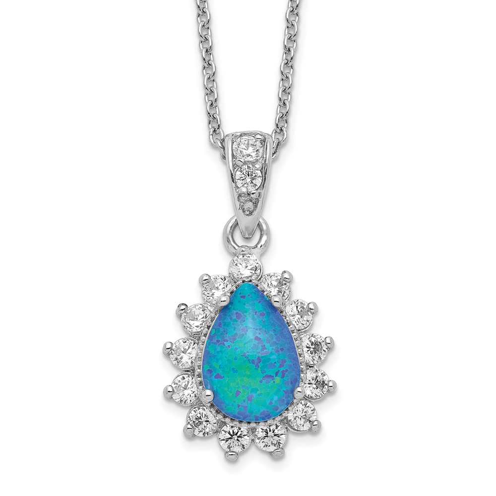 Sterling Silver Cheryl M Rhodium-plated CZ & Cr. Blue Opal Necklace