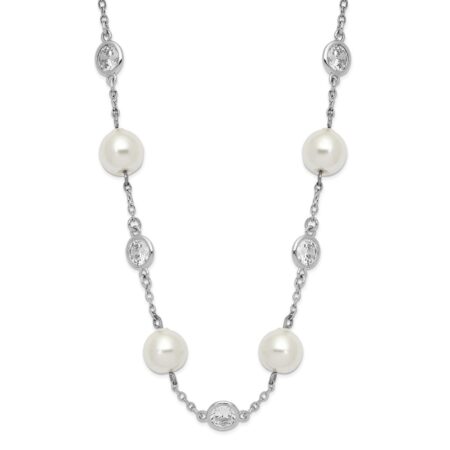 Sterling Silver Cheryl M Rhod-plated Glass Pearl & CZ Station Necklace