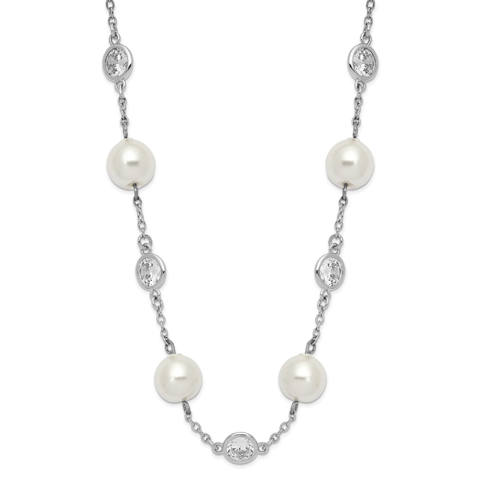 Sterling Silver Cheryl M Rhod-plated Glass Pearl & CZ Station Necklace