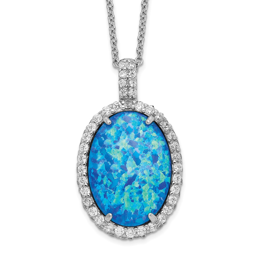 Sterling Silver Cheryl M Rhod-plated CZ & Cr. Blue Opal Oval Necklace