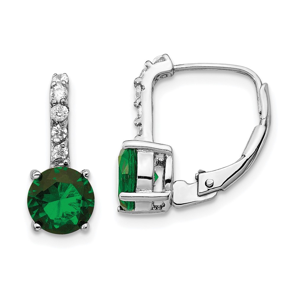 Sterling Silver Cheryl M Rhod-pl Green Glass & CZ Leverback Earrings