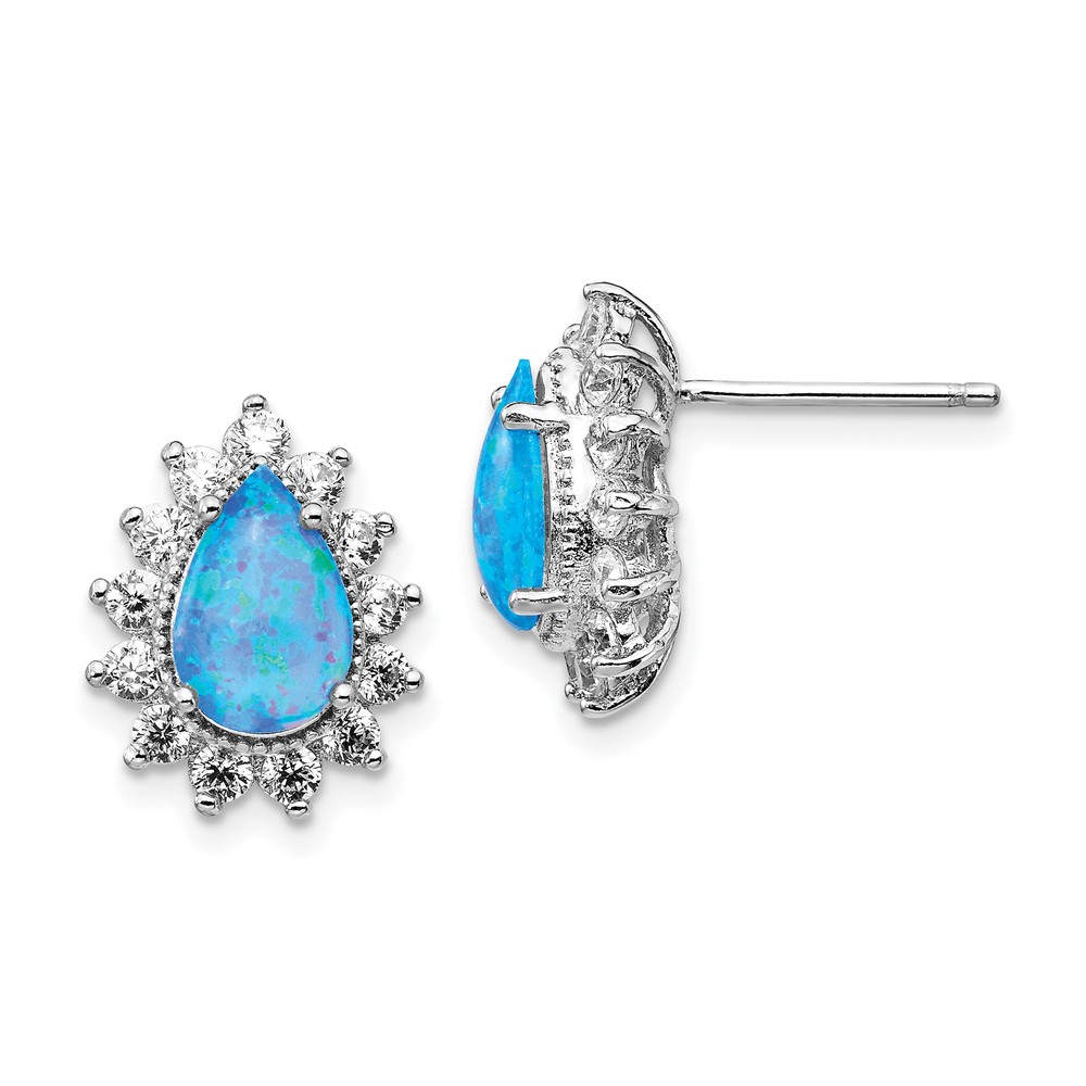 Sterling Silver Cheryl M Rh-p CZ & Cr. Blue Opal Teardrop Post Earrings