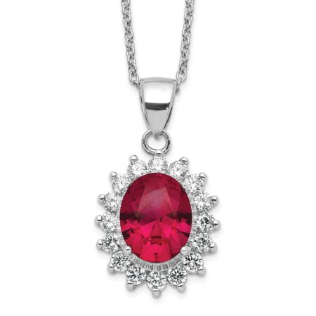 Sterling Silver Cheryl M Rhodium-plated CZ & Cr. Ruby Oval Necklace