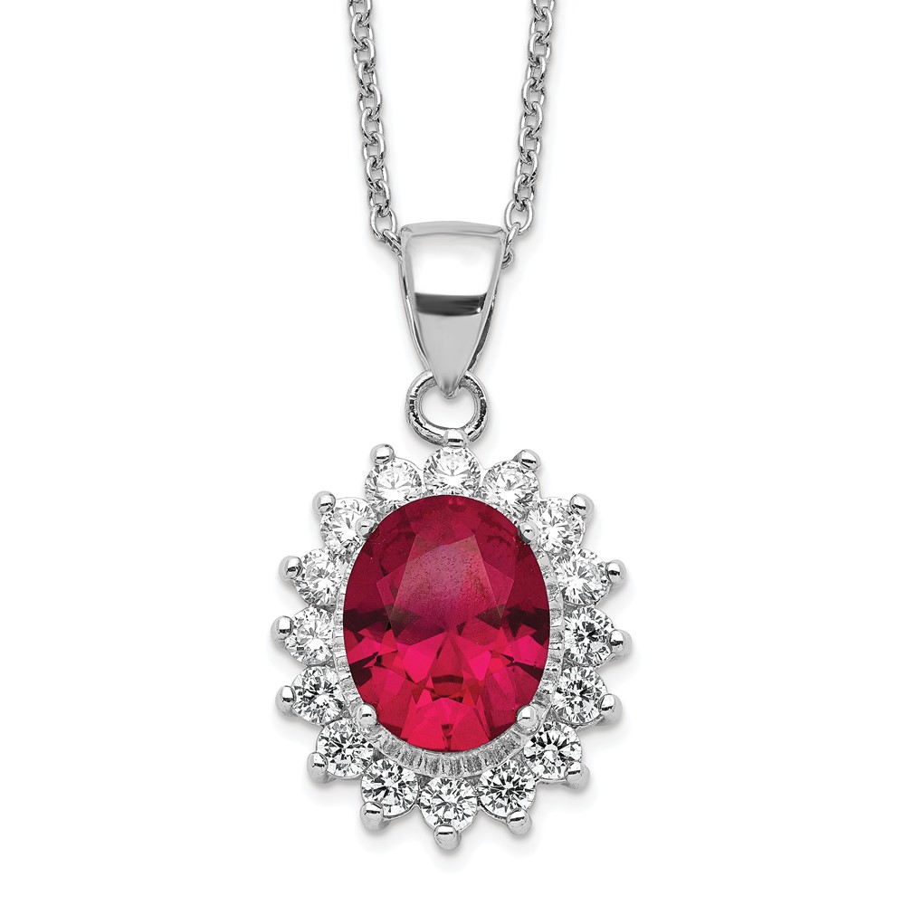 Sterling Silver Cheryl M Rhodium-plated CZ & Cr. Ruby Oval Necklace