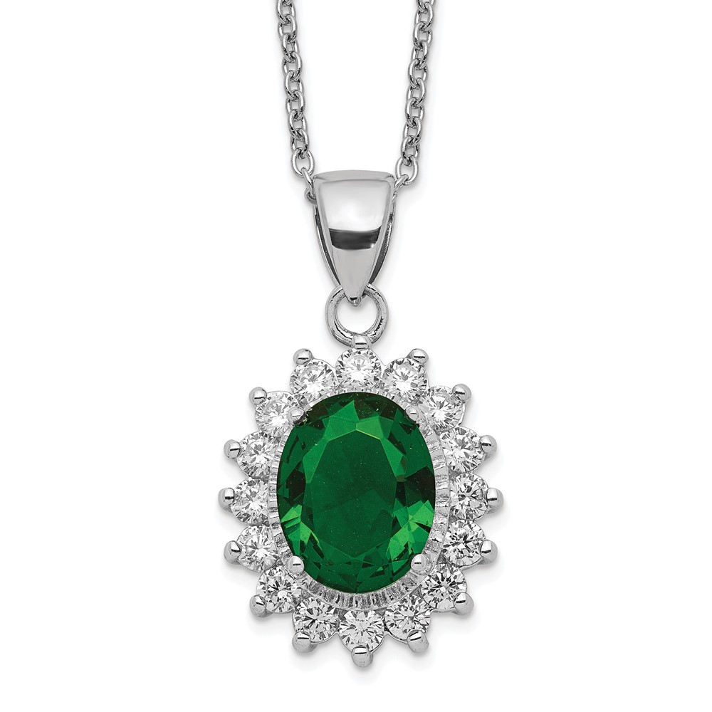 Sterling Silver Cheryl M Rhod-plated CZ & Green Glass Oval Necklace