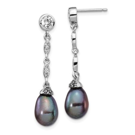 SS Cheryl M Rhod-pltd CZ & FWC Black Teardrop Pearl Dangle Earrings