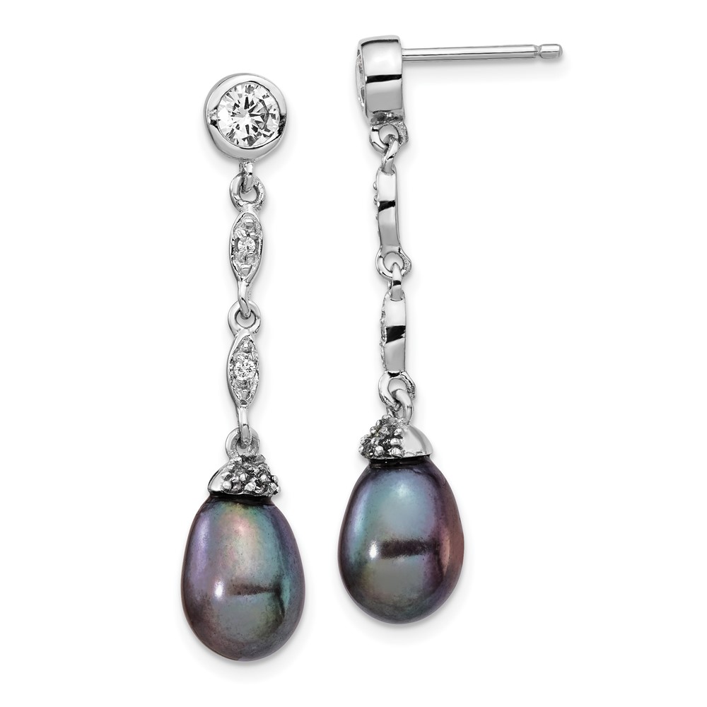 SS Cheryl M Rhod-pltd CZ & FWC Black Teardrop Pearl Dangle Earrings
