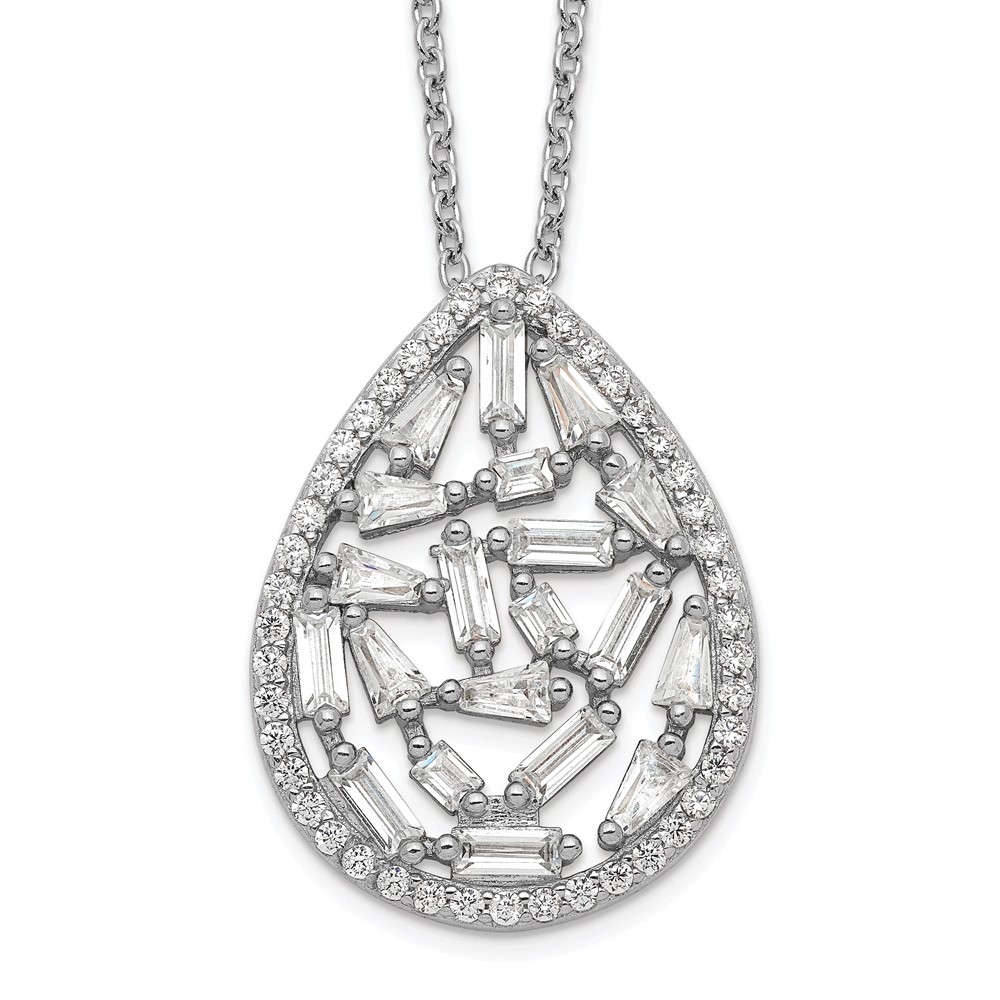 Sterling Silver Cheryl M Rhodium-plated CZ Cluster Teardrop Necklace