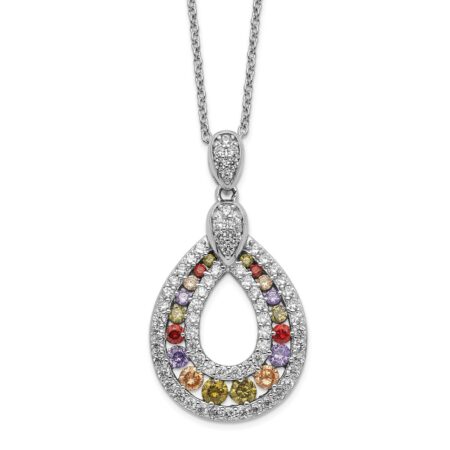 Sterling Silver Cheryl M Rhod-pltd Multi-color CZ Teardrop Necklace