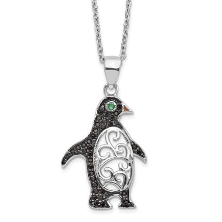 SS Cheryl M Black Rh-p Black/White CZ Green Glass Penguin Necklace