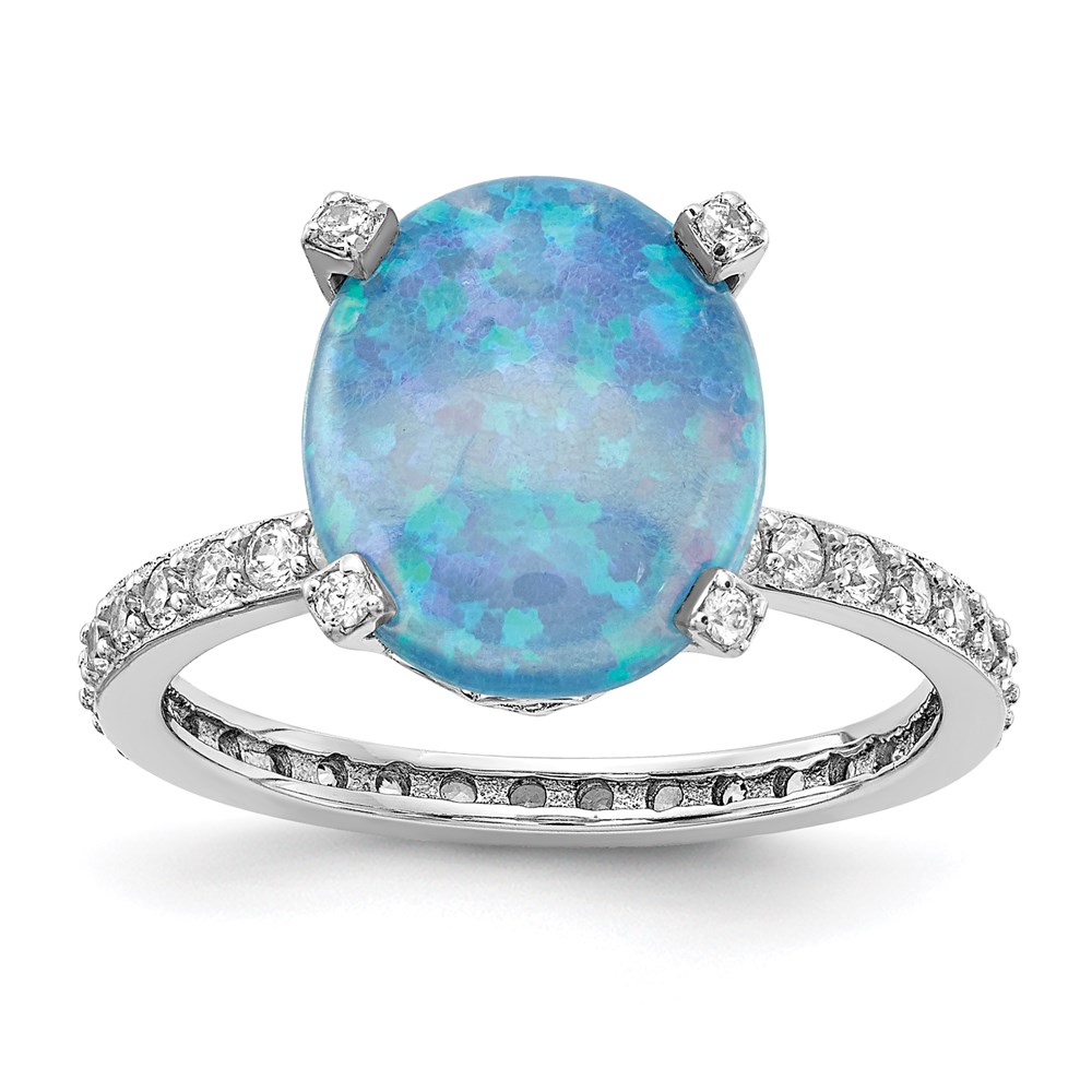 Sterling Silver Cheryl M Rhodium-plated CZ & Cr. Blue Opal Oval Ring