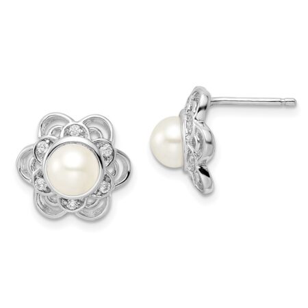Sterling Silver Cheryl M Rhod-pltd FWC Pearl & CZ Floral Post Earrings