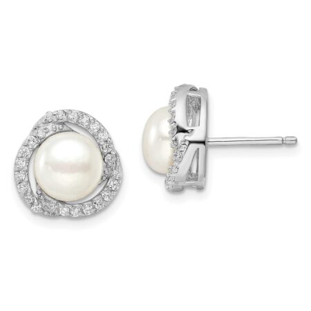 Sterling Silver Cheryl M Rh-pl FWC Pearl & CZ Love Knot Post Earrings