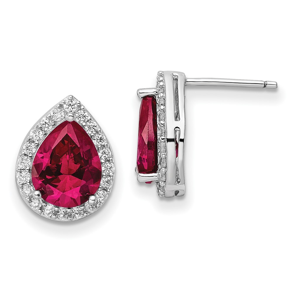 Sterling Silver Cheryl M Rhod-pl Cr. Ruby & CZ Teardrop Post Earrings