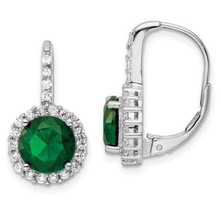 Sterling Silver Cheryl M Rhod-pl Green Glass & CZ Leverback Earrings