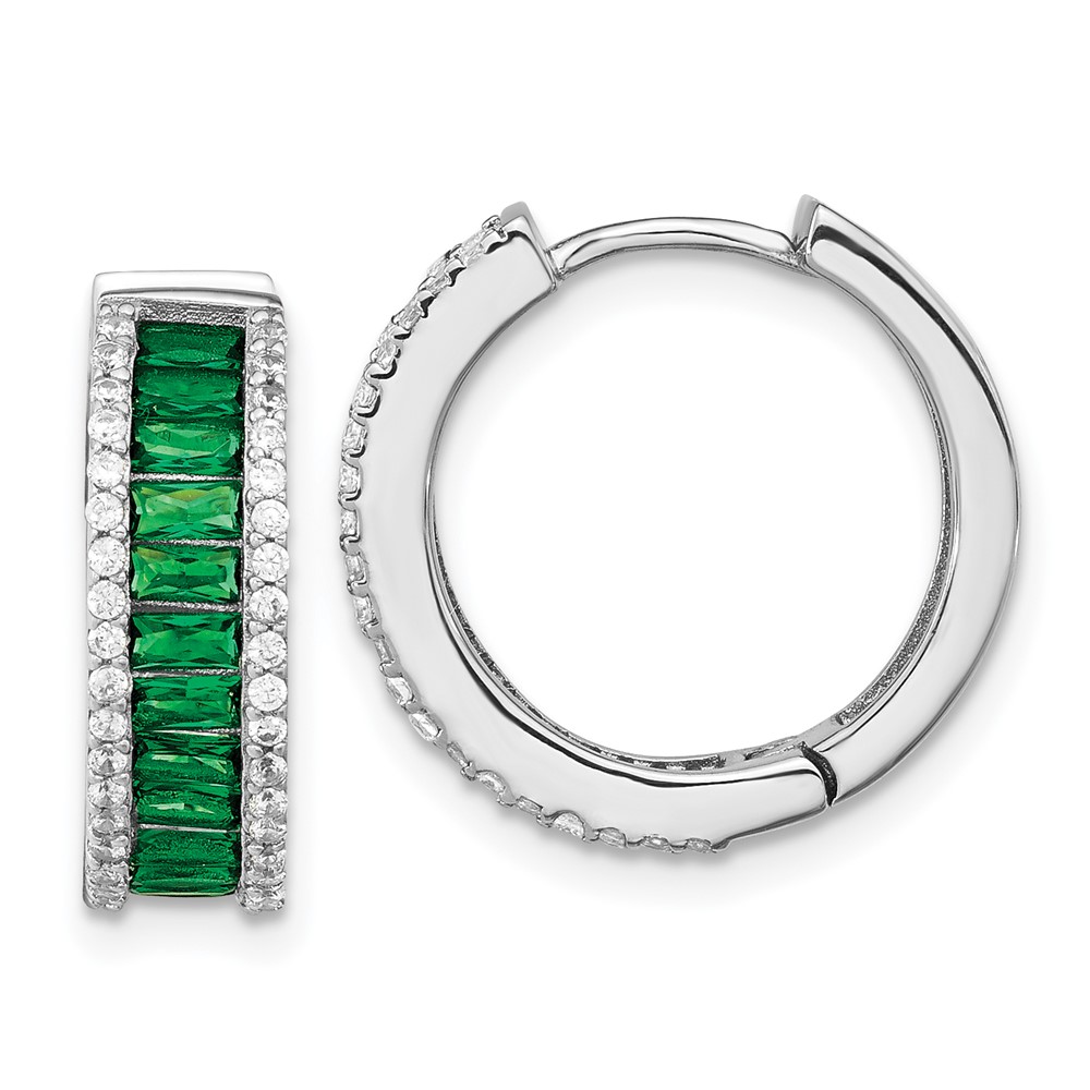 SS Cheryl M Rhod-pltd Green Crystal & CZ Round Hinged Hoop Earrings