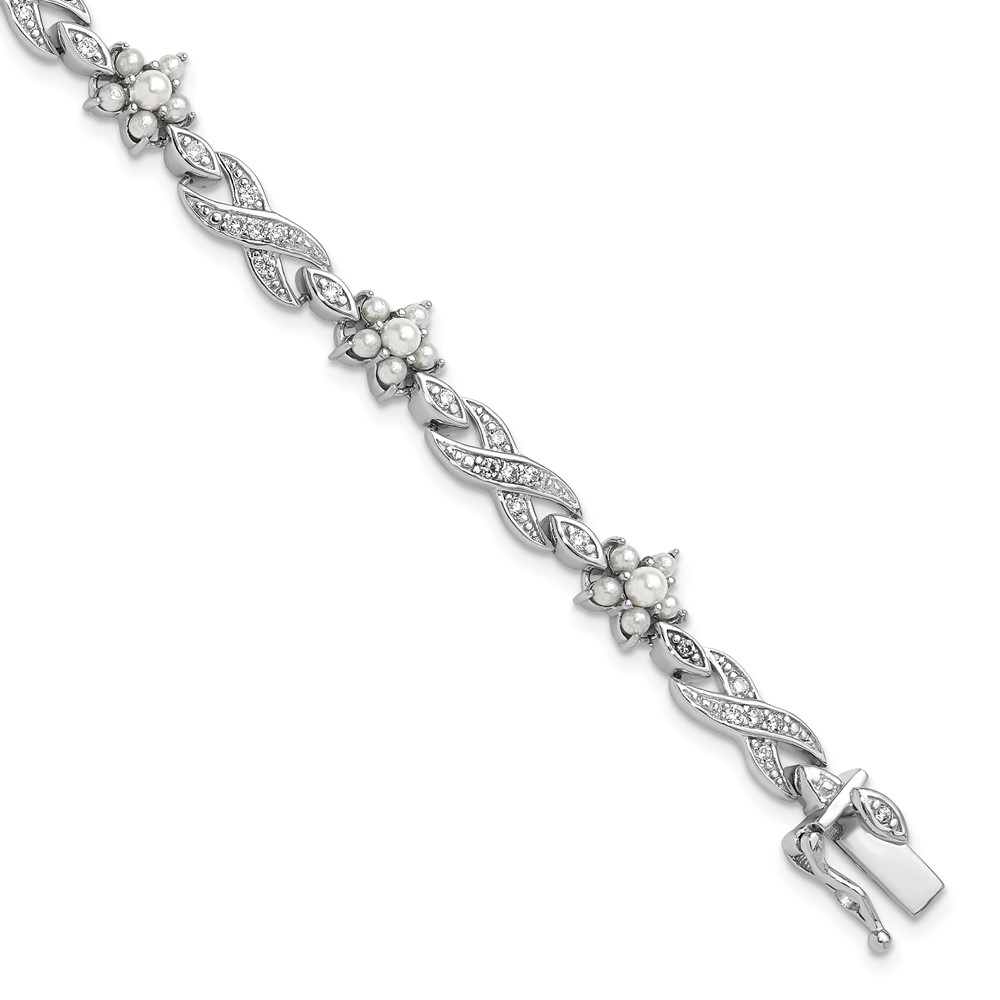Sterling Silver Cheryl M Rhod-plated Glass Pearl & CZ Floral Bracelet