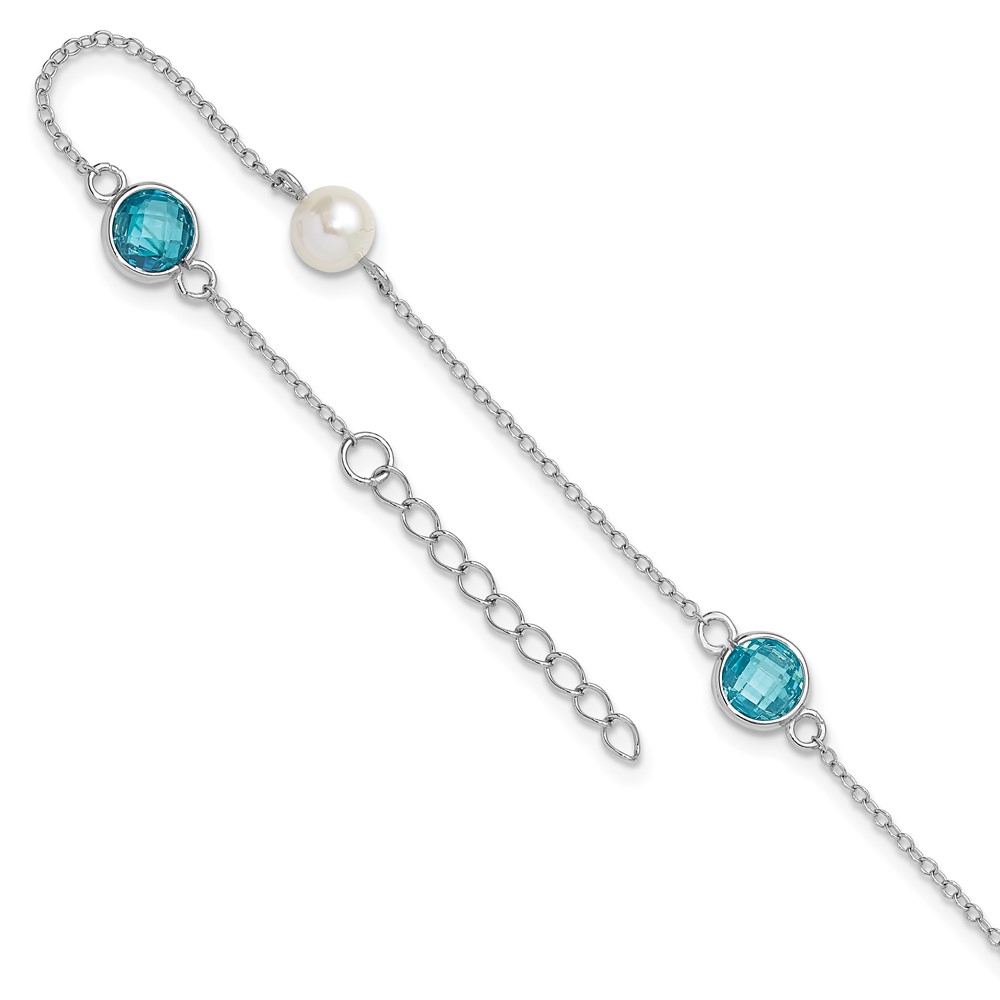 Cheryl M Sterling Silver Rhodium-plated Blue Double Pineapple-cut CZ and White Freshwater Cultured Pearl 5 Station 9 Inch Anklet with 1 Inch Extender
