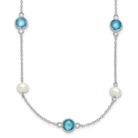 SS Cheryl M Rhod-pltd Blue CZ & FWC Pearl Station w/2in ext Necklace