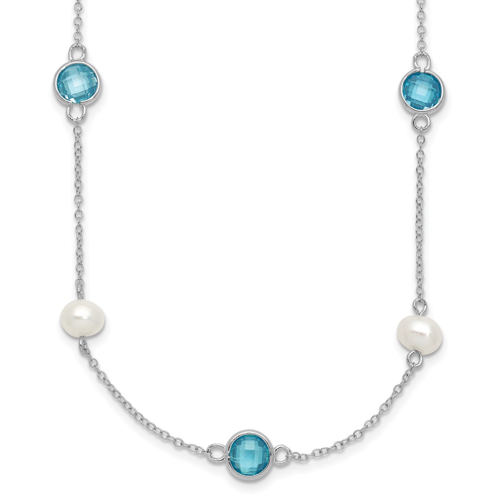 SS Cheryl M Rhod-pltd Blue CZ & FWC Pearl Station w/2in ext Necklace