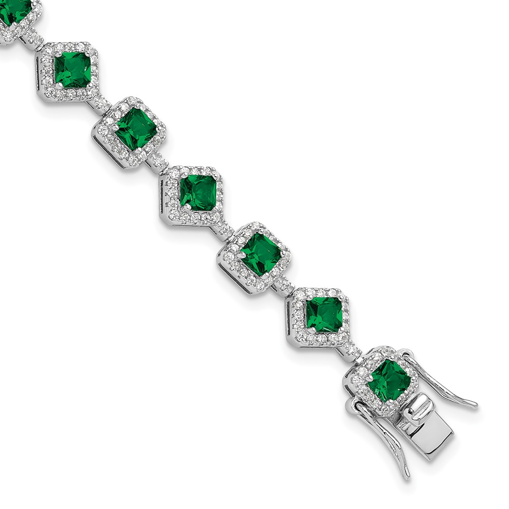 Sterling Silver Cheryl M Rhod-plated Fancy CZ & Green Glass Bracelet