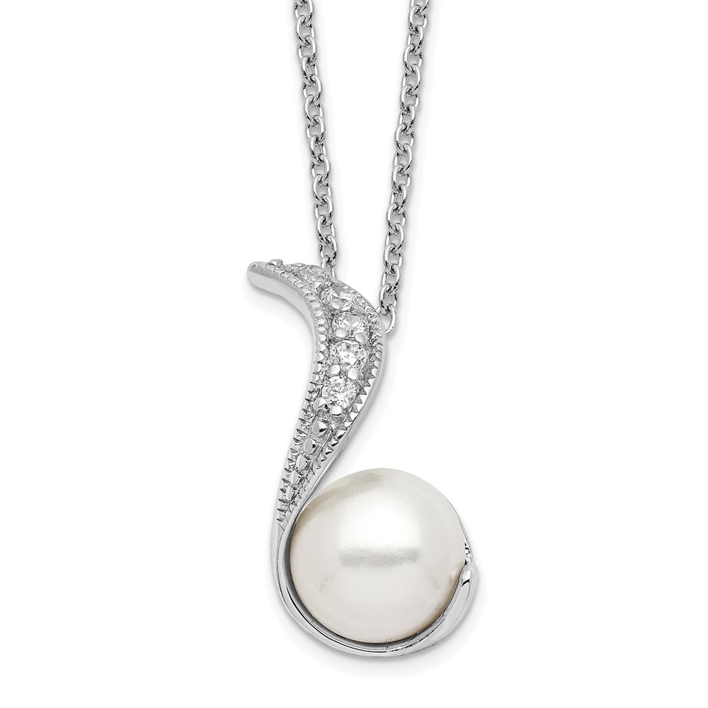Sterling Silver Cheryl M Rhod-plated FWC Pearl & CZ Swirl Necklace