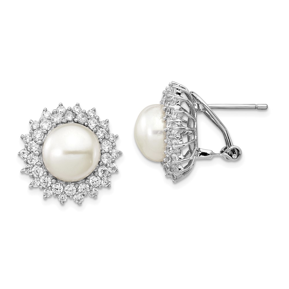 Sterling Silver Cheryl M Rh-pltd CZ & FWC Pearl Omega Back Earrings