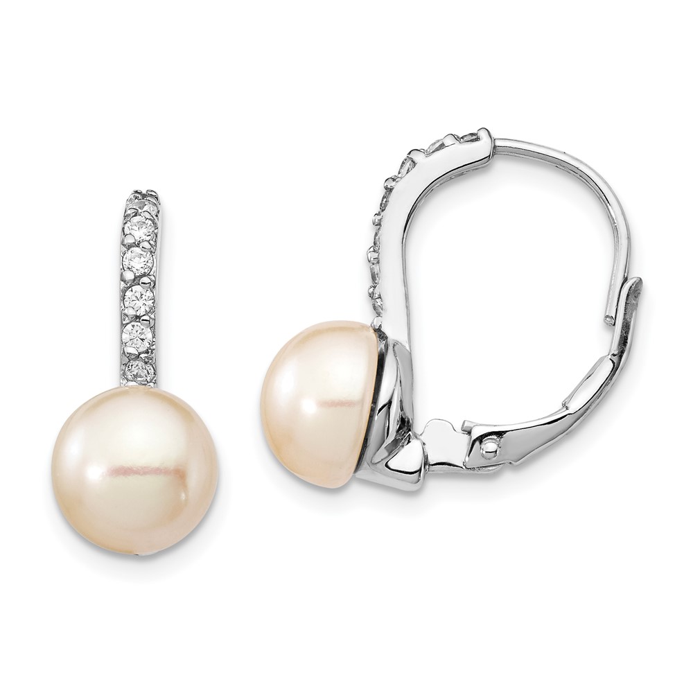 Sterling Silver Cheryl M Rhod-plated CZ FWC Pearl Leverback Earrings