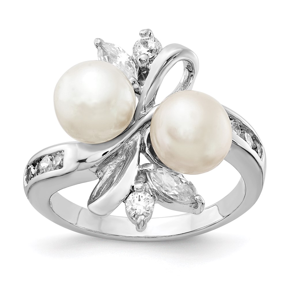 Sterling Silver Cheryl M Rhodium-plated FWC Pearl & CZ Leaves Ring