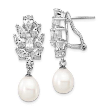 Sterling Silver Cheryl M Rh-pltd CZ & FWC Pearl Omega Back Earrings