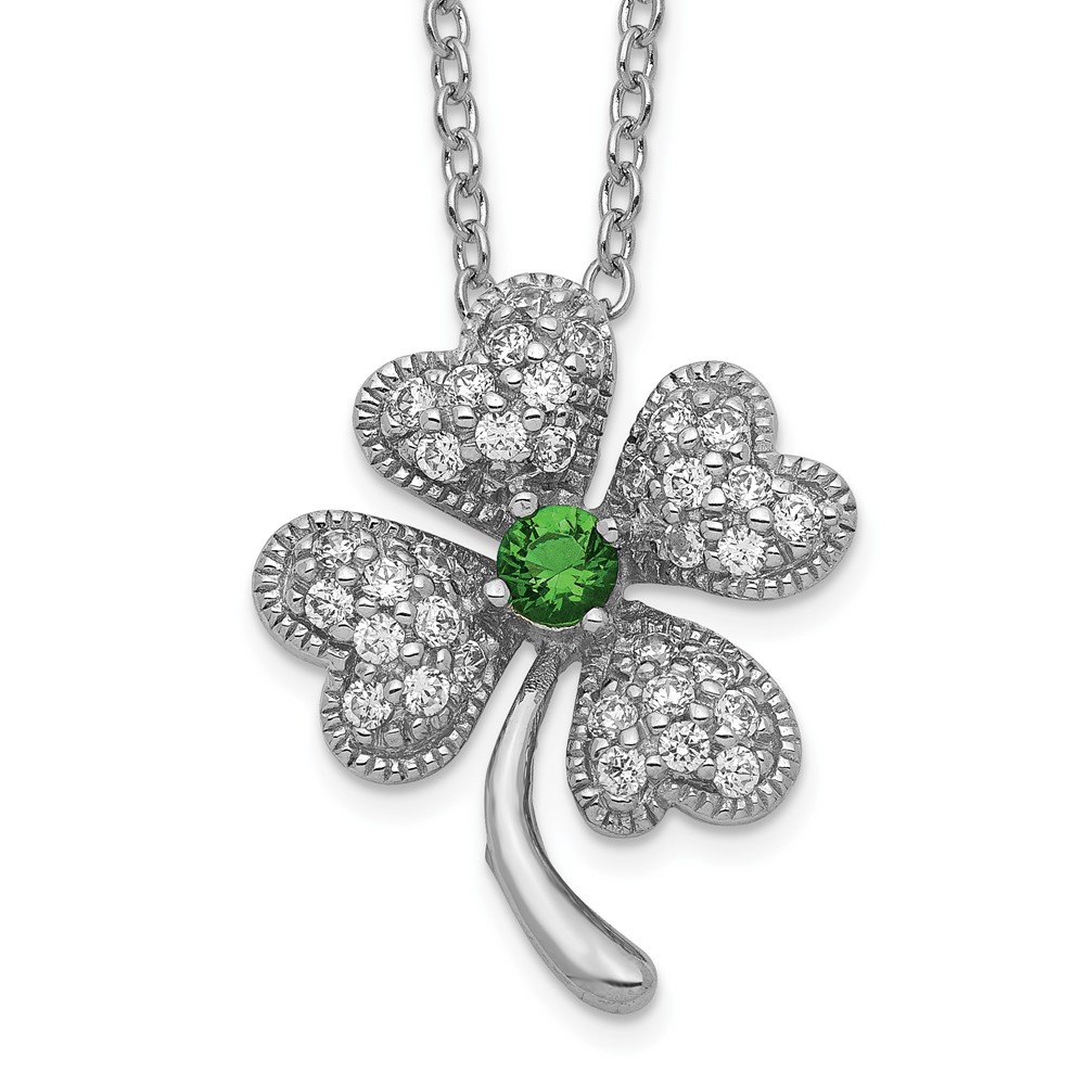 Sterling Silver Cheryl M Rhod-pl Green Glass & CZ Clover Necklace