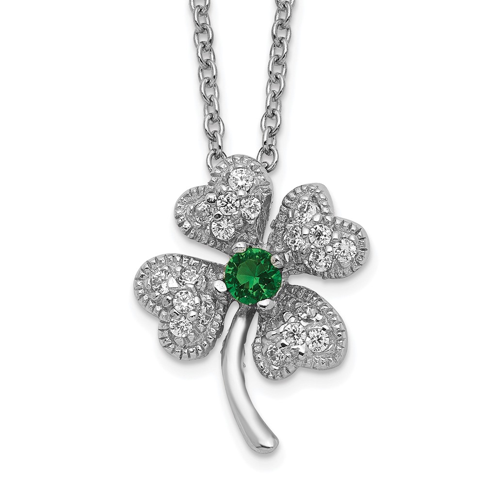 Sterling Silver Cheryl M Rhod-pltd Green Glass & CZ Clover Necklace
