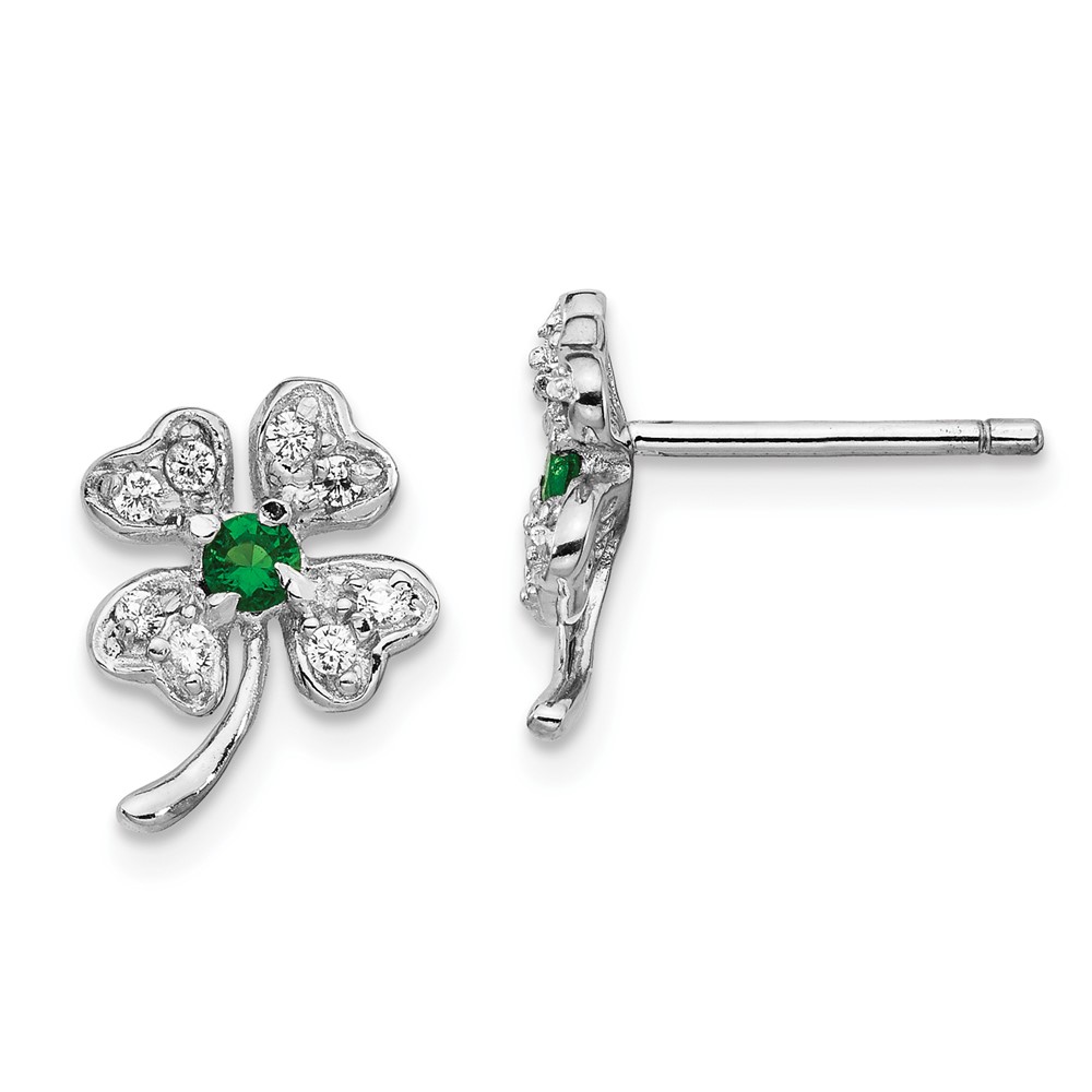 Sterling Silver Cheryl M Rhod-pl Glass & CZ 4-Leaf Clover Post Earrings