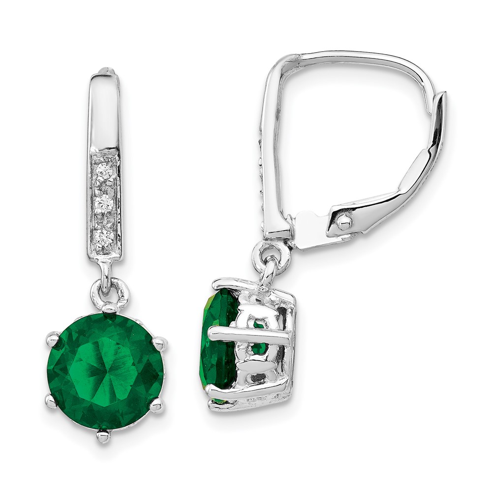 Sterling Silver Cheryl M Rhod-pl Green Glass & CZ Leverback Earrings