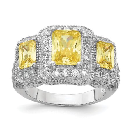 Sterling Silver Cheryl M Rhod-pltd Yellow & White CZ 3 Stone Ring