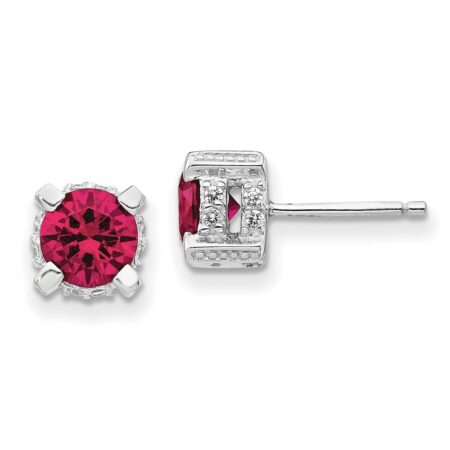 Sterling Silver Cheryl M Rhod-pltd 6.5mm Cr. Ruby & CZ Stud Earrings