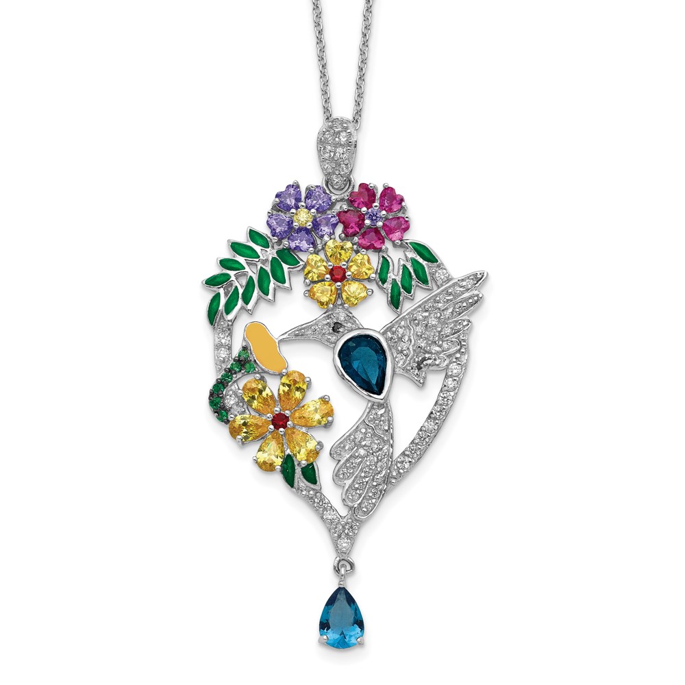 Sterling Silver Cheryl M Rhod-pl Enamel Glass and CZ Floral Necklace