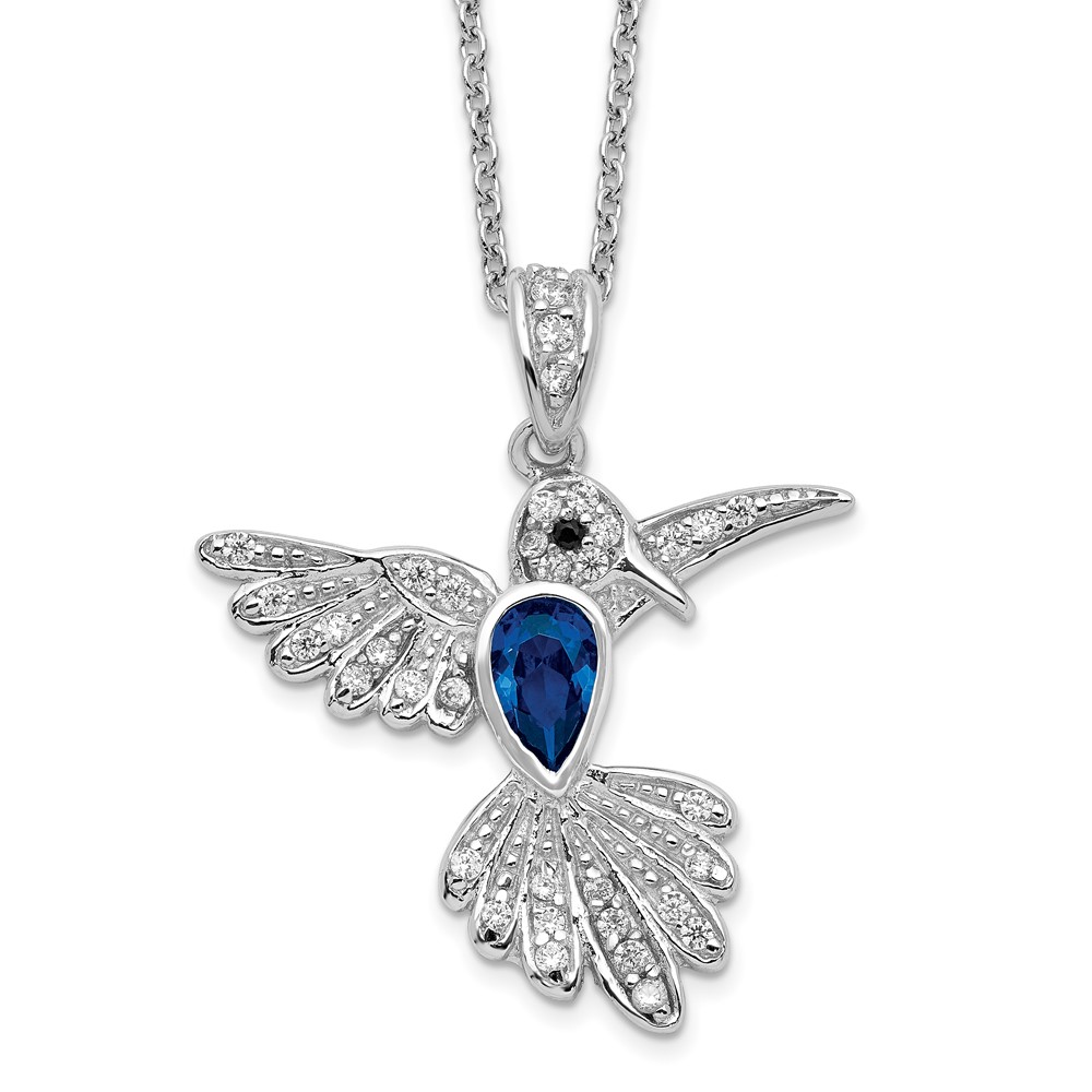SS Cheryl M Rhod-pltd CZ LabCr. Blue Spinel Hummingbird Necklace