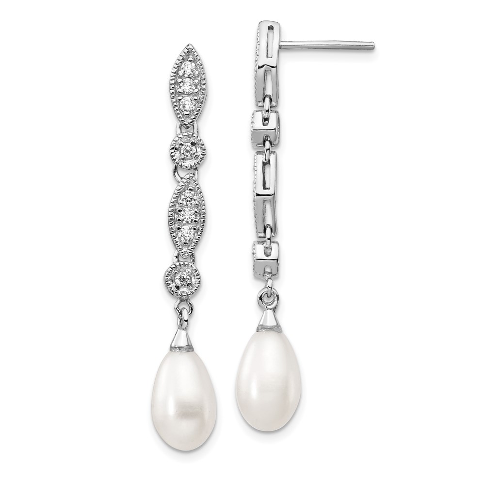 Sterling Silver Cheryl M Rhod-pl CZ & FWC Pearl Post Dangle Earrings