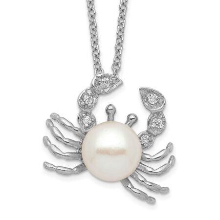 Sterling Silver Cheryl M Rhod-plated CZ & FWC Pearl Crab Necklace