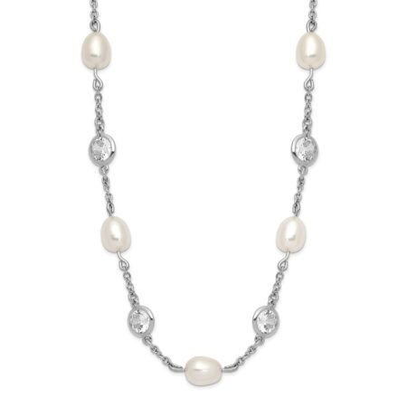 Sterling Silver Cheryl M Rhod-plated CZ & FWC Pearl Station Necklace