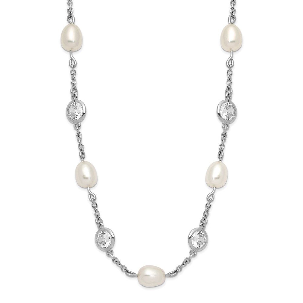Sterling Silver Cheryl M Rhod-plated CZ & FWC Pearl Station Necklace