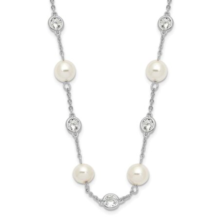 Sterling Silver Cheryl M Rhod-pl Glass Pearl & CZ Station Necklace