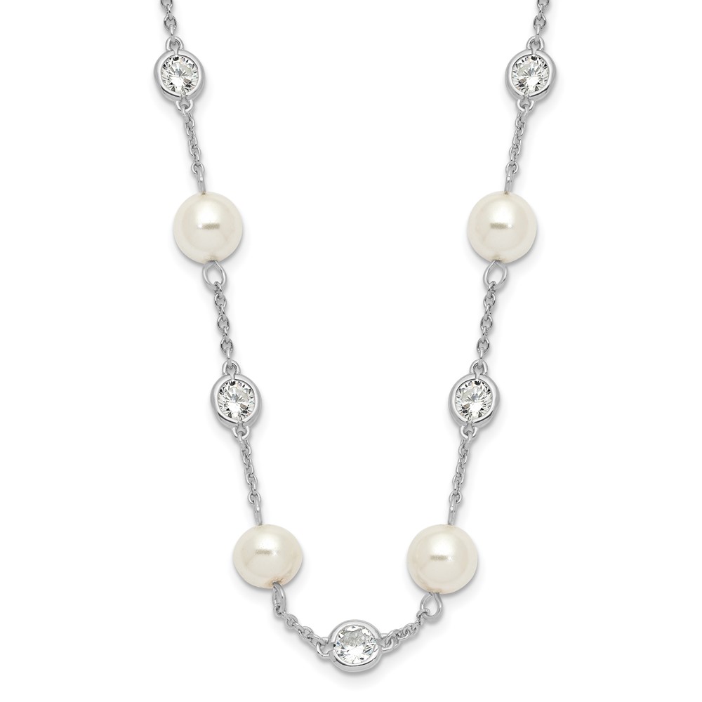 Sterling Silver Cheryl M Rhod-pl Glass Pearl & CZ Station Necklace